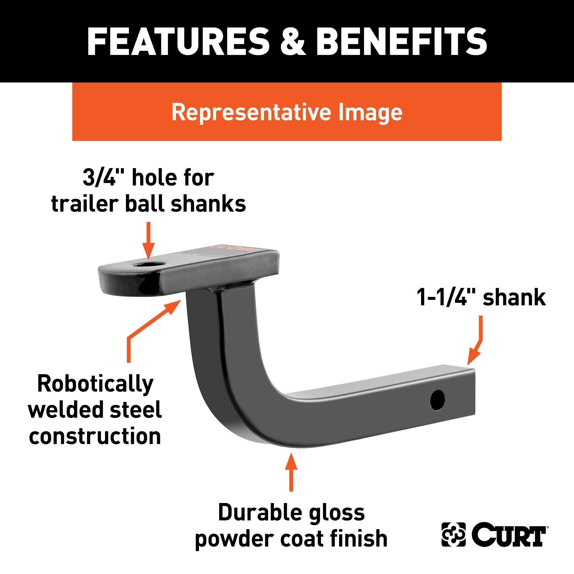 CURT 45021 Trailer Hitch Ball Mount Class 1, Fits 1-1/4-Inch Receiver, 2,000 lbs, 3/4-Inch Hole, 3-Inch Rise