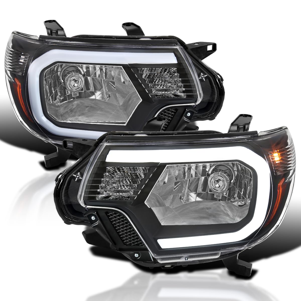 Black Headlights w/LED Strip SPEC-D TUNING Compatible with 2012-2015 Toyota Tacoma, Left + Right Pair Headlamp Assembly