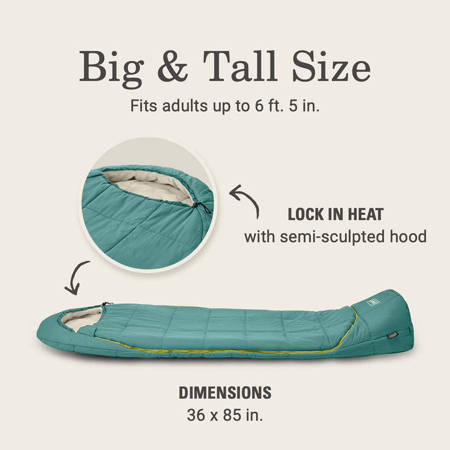 Coleman 0/20/40°F Big Bay Cold-Weather Sleeping Bag, Adult Mummy Sleeping Bag with Headrest, Foot Ventilation, & Storage Sack, Big & Tall Options