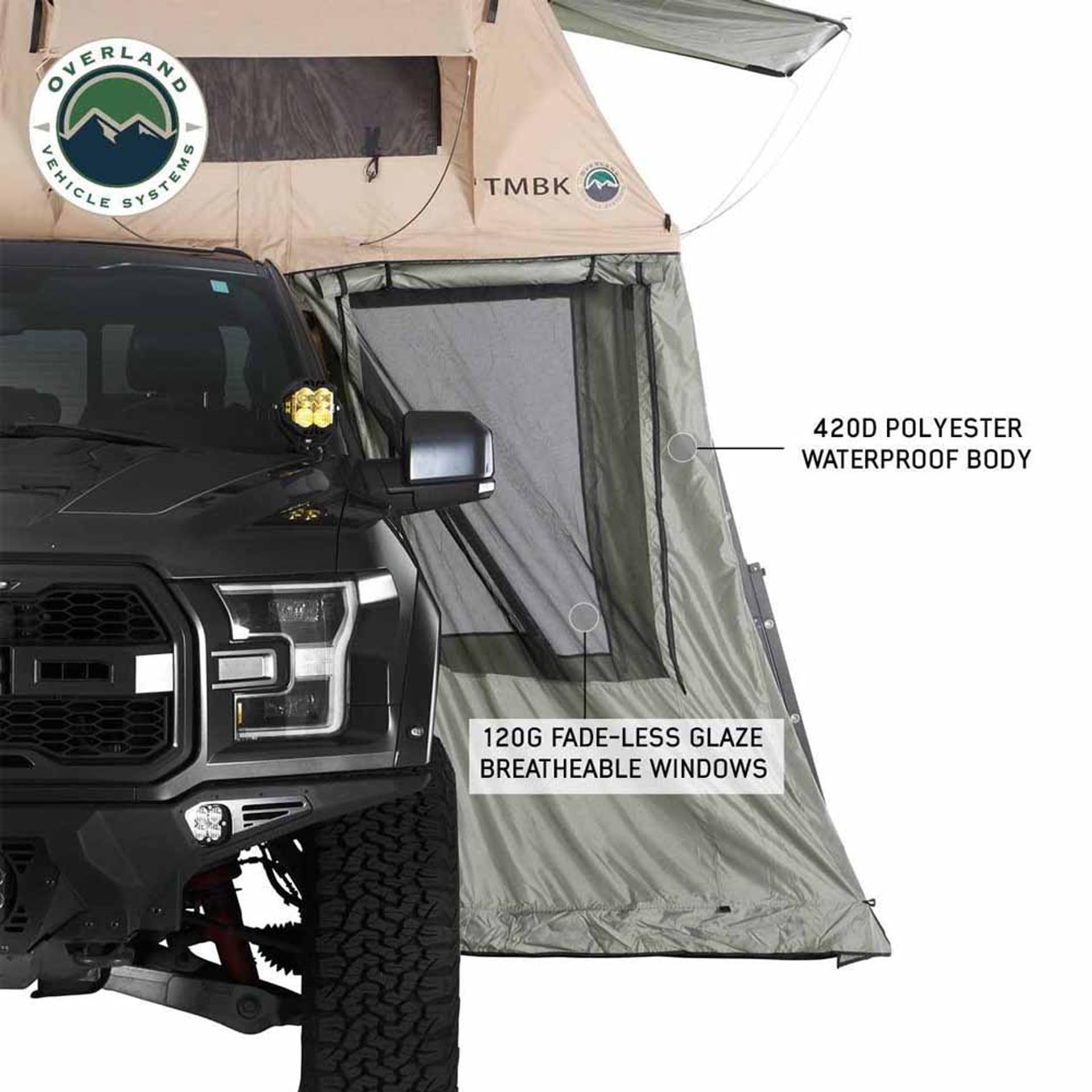 TMBK Overland Vehicle Systems LD 3 Soft Shell Roof Top Tent with Annex Combo, Tan Body & Green Rainfly with Green Annex