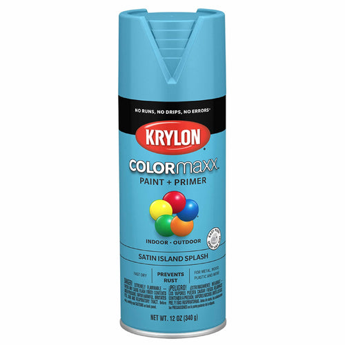 Krylon K05565007 Spray Paint and Primer COLORmaxx for Indoor/Outdoor Use, Satin Island Splash Blue, 12 oz