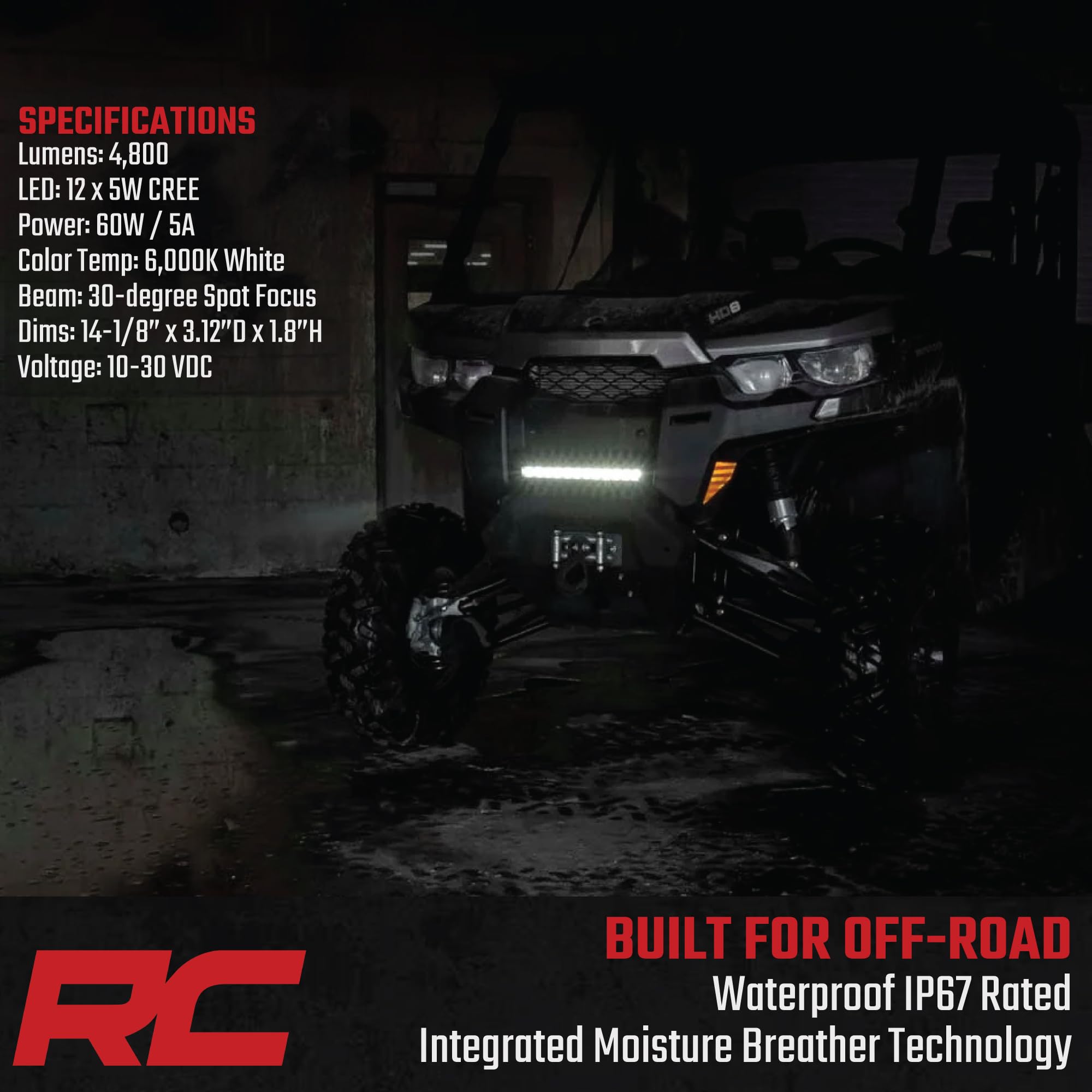 12" Rough Country LED Light Bar - 60W, 4,800 Lumens, Spot Focus Beam, Waterproof Off-Road Lighting for UTV, ATV, Jeeps, Truck