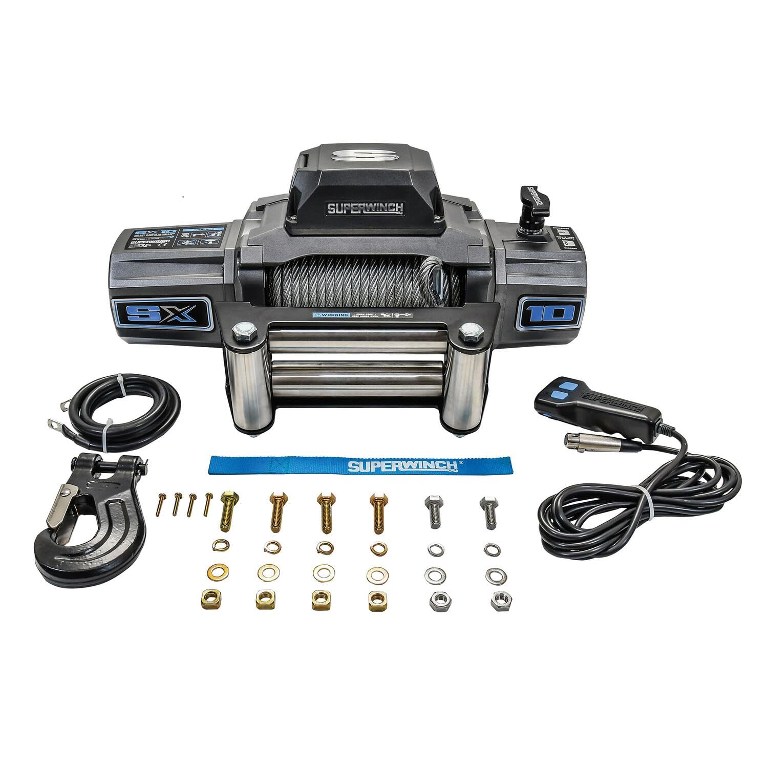 12V DC Superwinch SX10 Waterproof Electric Recovery Winch 10,000lb/4,536kg Single Line Pull with Roller Fairlead 3/8in x 80ft Steel Wire Rope Corded Handheld Remote No-Bind Clutch