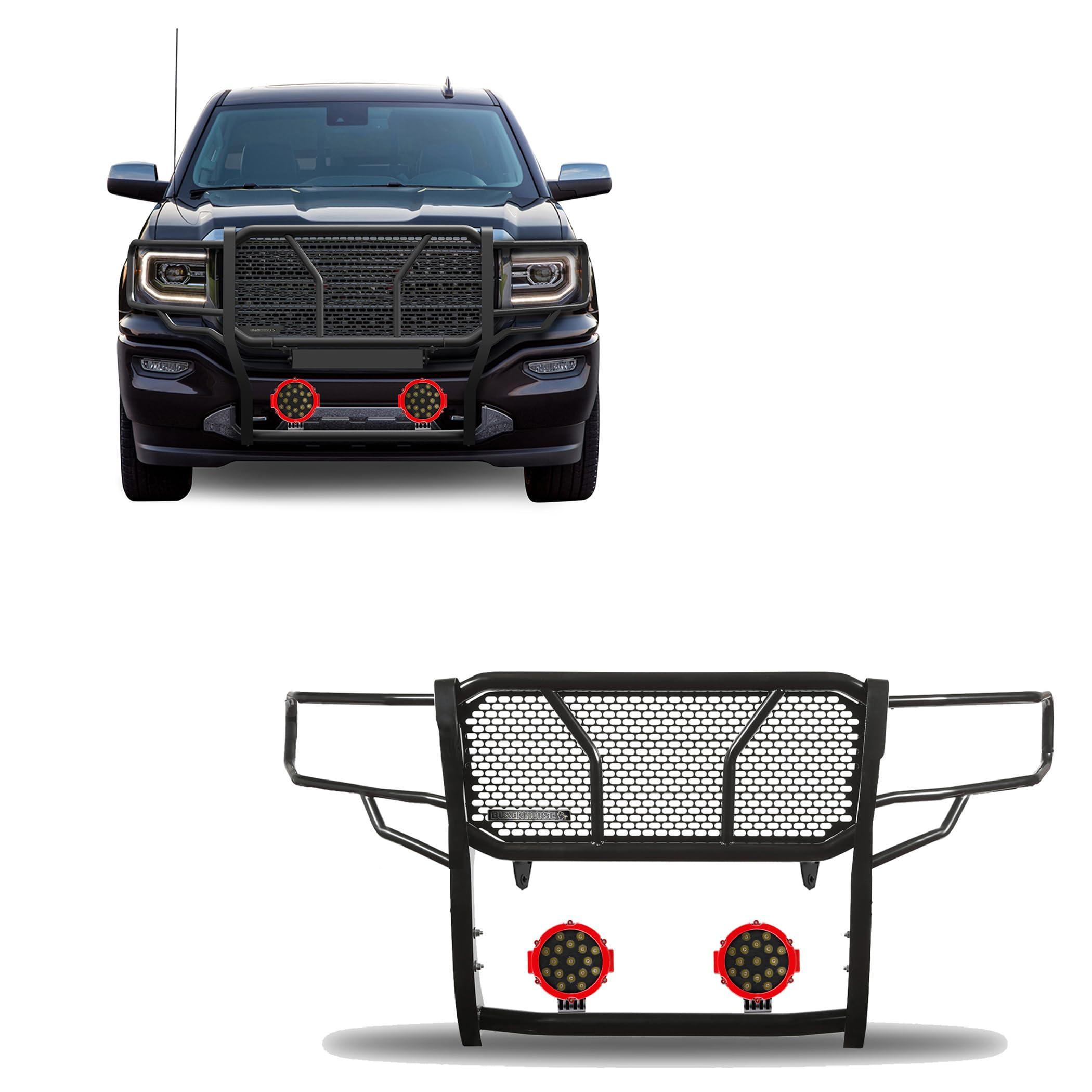 Heavy Duty Black Horse Rugged Grille Brush Bumper Guard Modular Black Come with Pair of 7.0" LED Lights Compatible with 2014-2018 Sierra 1500|2019-2022 Sierra 1500 Limited-RU-GMSI14-B-PLR