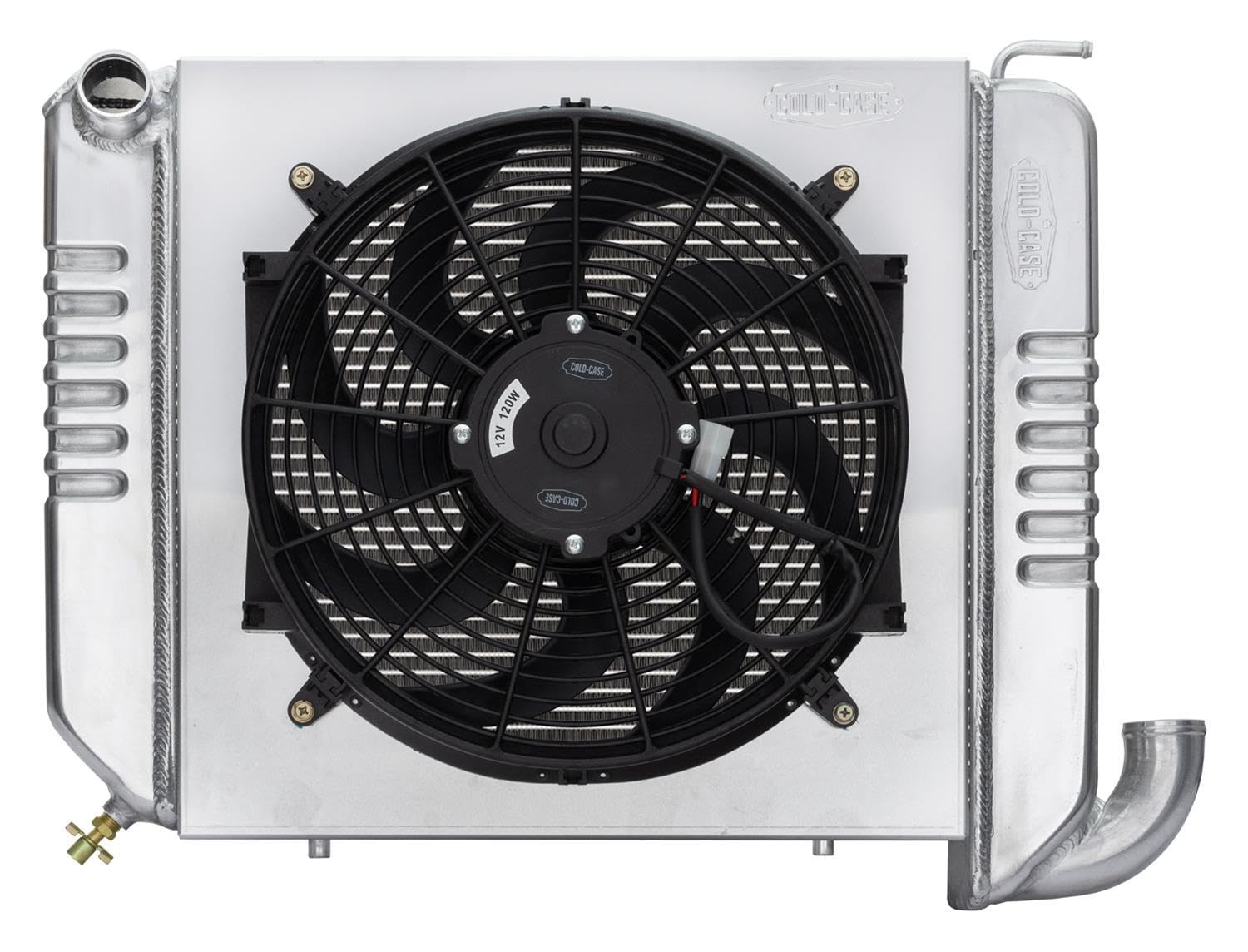 Radiator and Fan, Cold Case Radiators, 22.6 in W x 18.5 in H x 6.75 in D, Driver Side Inlet, Passenger Side Outlet, Aluminum, Polished, compatible with Chevy Corvette 1963-64, Kit