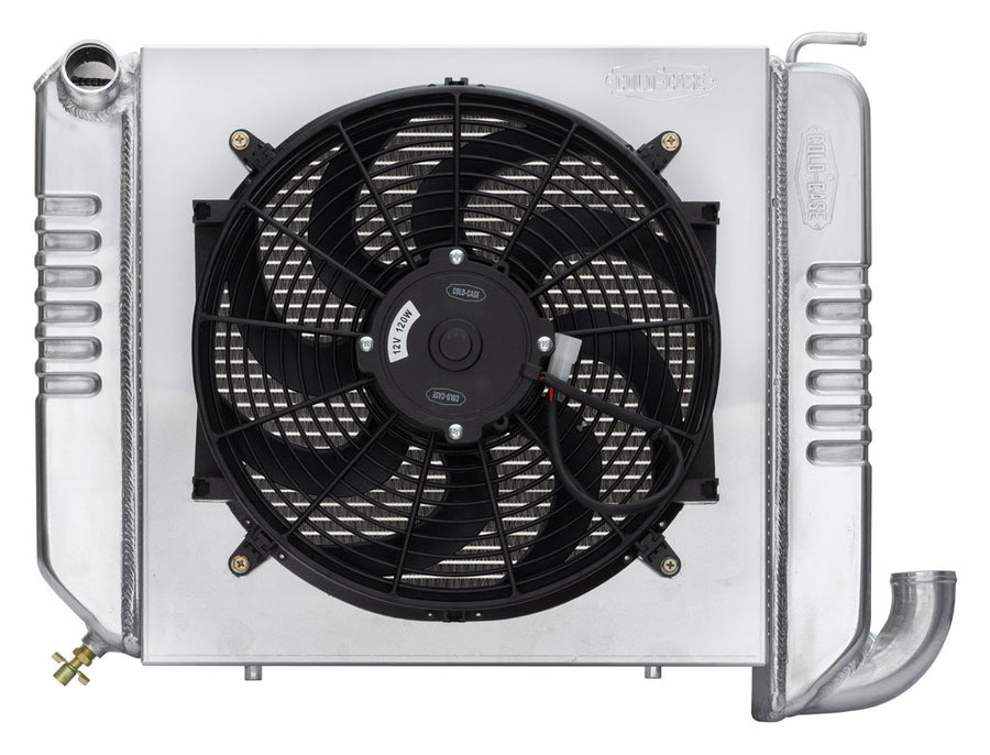 Radiator and Fan, Cold Case Radiators, 22.6 in W x 18.5 in H x 6.75 in D, Driver Side Inlet, Passenger Side Outlet, Aluminum, Polished, compatible with Chevy Corvette 1963-64, Kit