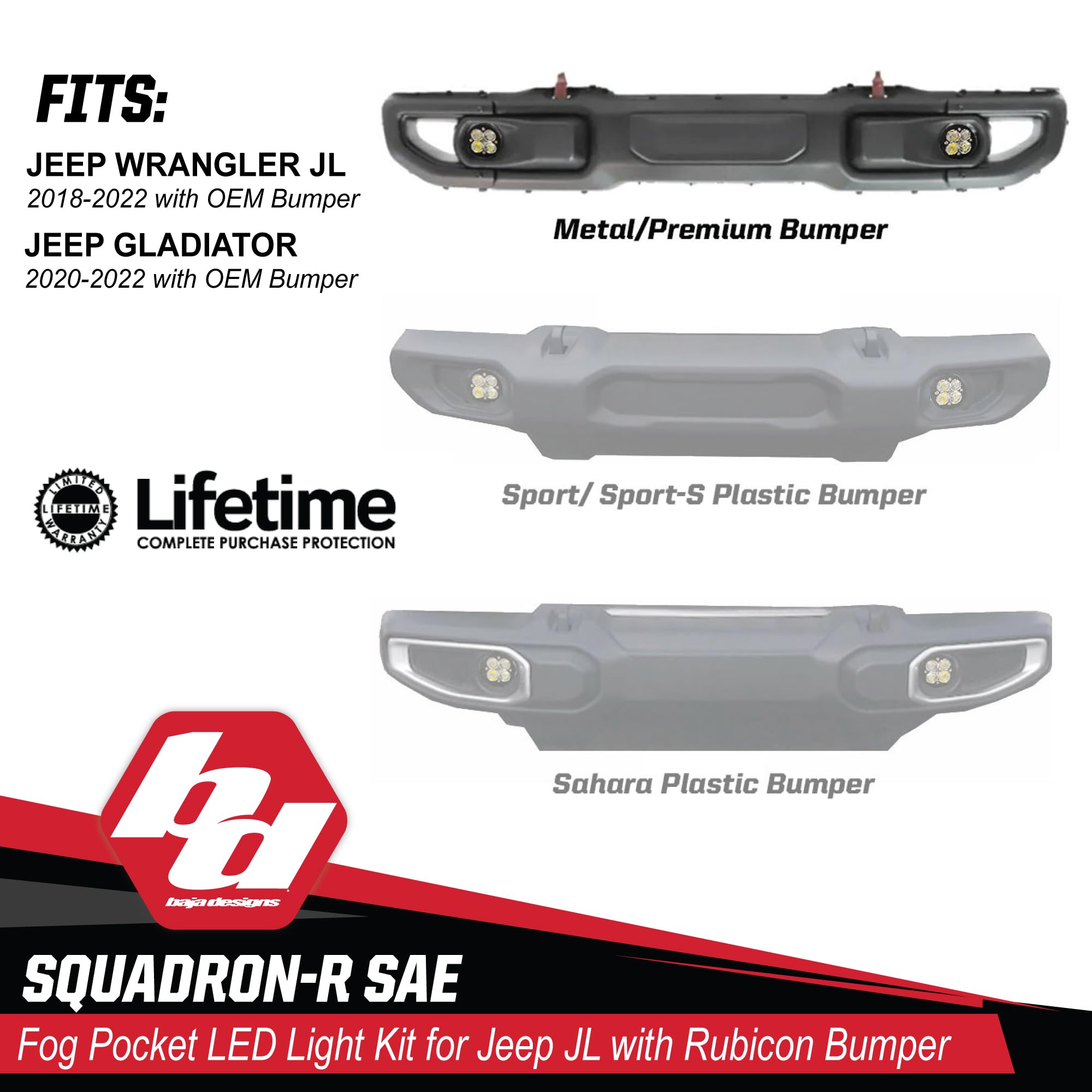 Baja Designs Fog Pocket Squadron-R SAE LED Light Kit fits Jeep Gladiator 2020-22; Wrangler JL 2018-22 OEM Rubicon Bumper (Wide Cornering; Clear)