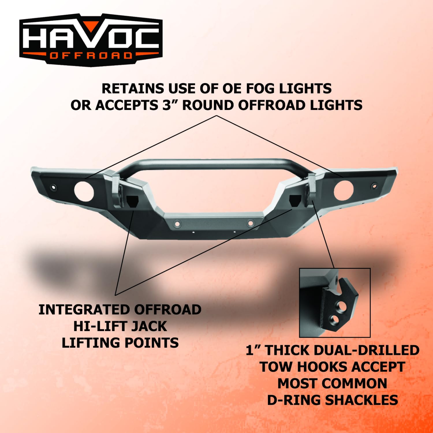 Steel Bender Front Bumper HAVOC OFFROAD for Ford Bronco | Stinger, Integrated Lift Points, Black | HFB-02-001 | 2021-2025 Ford Bronco (will not fit Sport Model)
