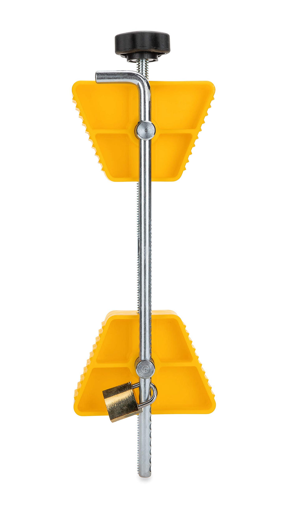 Camco RV Small Wheel Stop with Lock - Stabilizes Your Trailer - Compatible with Tires with a 26" to 30" Diameter & 1 ½" to 3 ½" Tire Spacing (44653), Yellow