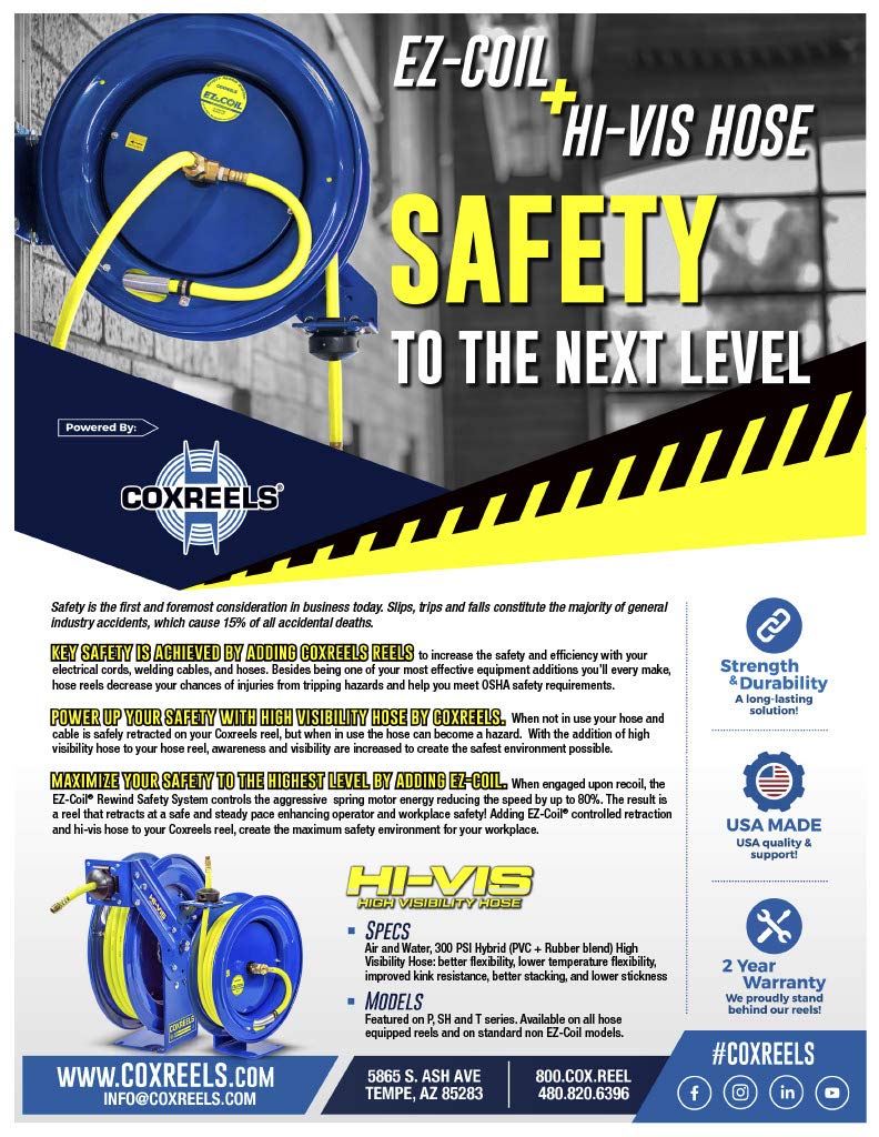 COXREELS Retractable Compact Low Pressure Spring Rewind Hose Reel LG-LP-320-HV: 3/8" I.D., 20' Hose Capacity, with high Visibility Safety Hose, 300 PSI, Made in USA