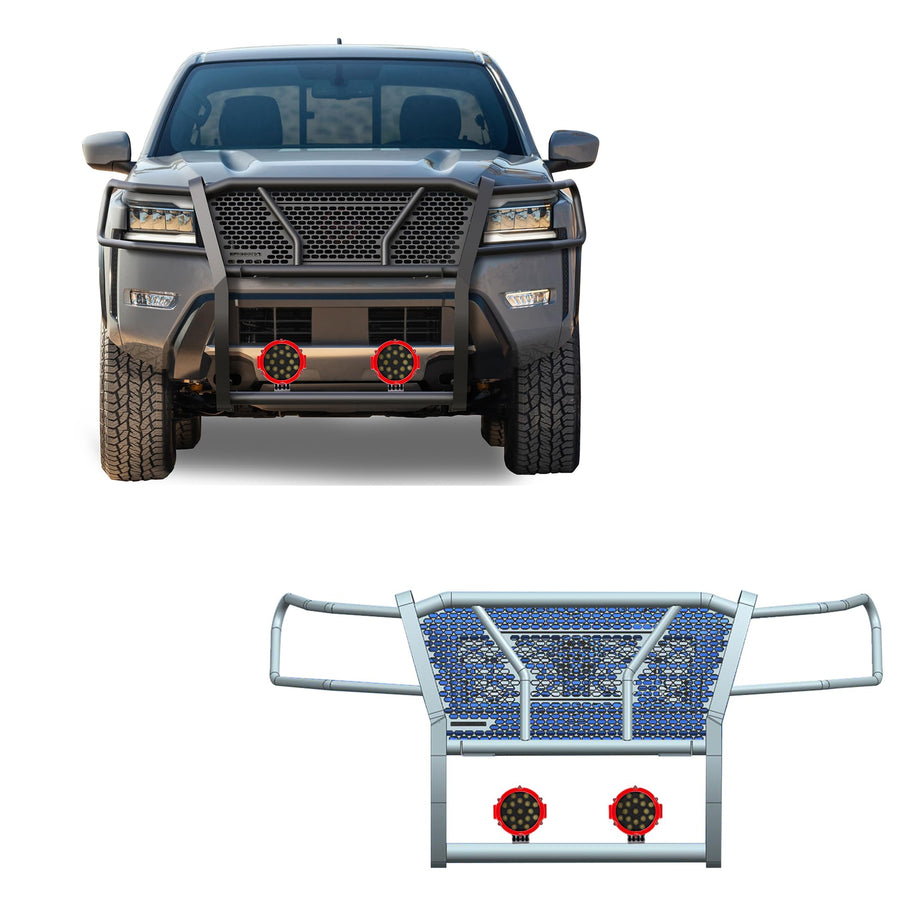 Heavy Duty Black Horse Rugged Grille Brush Bumper Guard Modular Black Come with Pair of 7.0" Dia.LED Lights with Red Trim Rings Compatible with 2022-2024 Nissan Frontier-RU-NIFR22-B-PLR