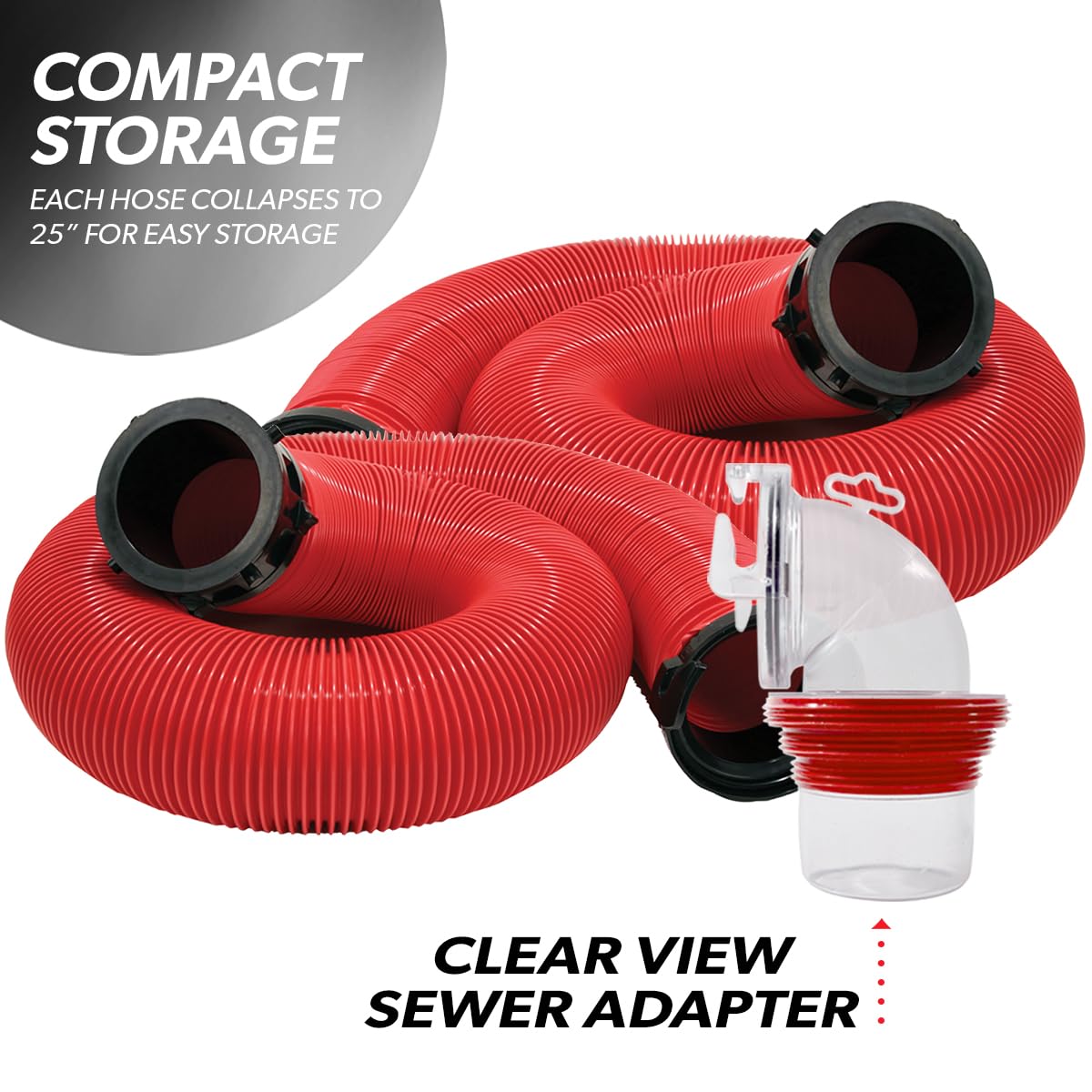 EZ Coupler Valterra 20-Foot RV Sewer Hose Kit for RV Camper, Includes 2 Attachable 10-Foot Hoses with Rotating Fittings and 90 Degree Clearview Sewer Adapter