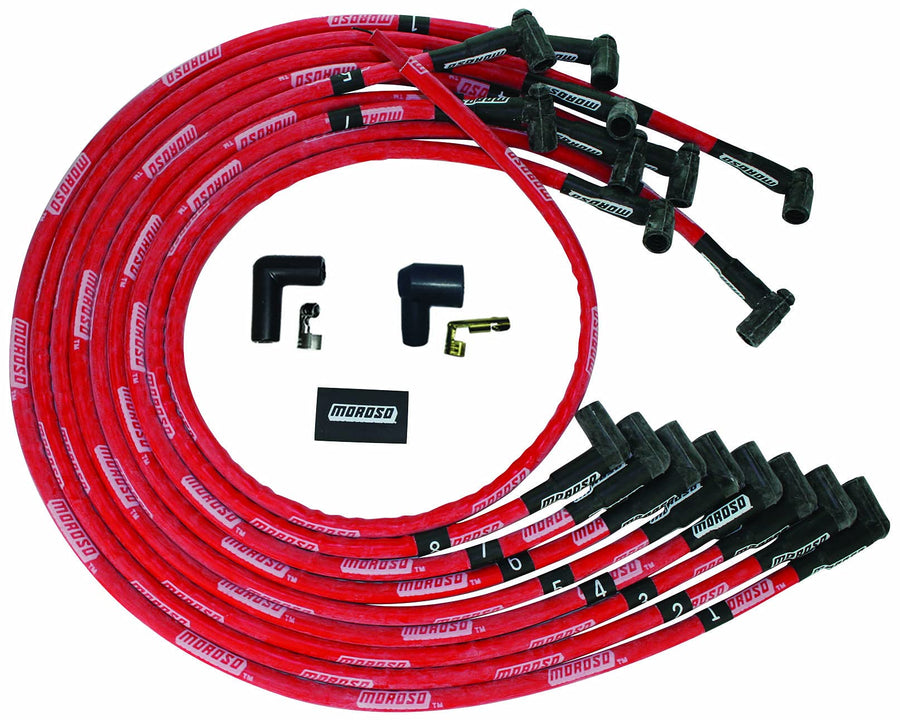 Moroso Ultra Series 52543 Red Sleeved Spark Plug Wires, Big Block Chevy, Under Header Routing, 90 Degree Plug Ends, HEI Distributor
