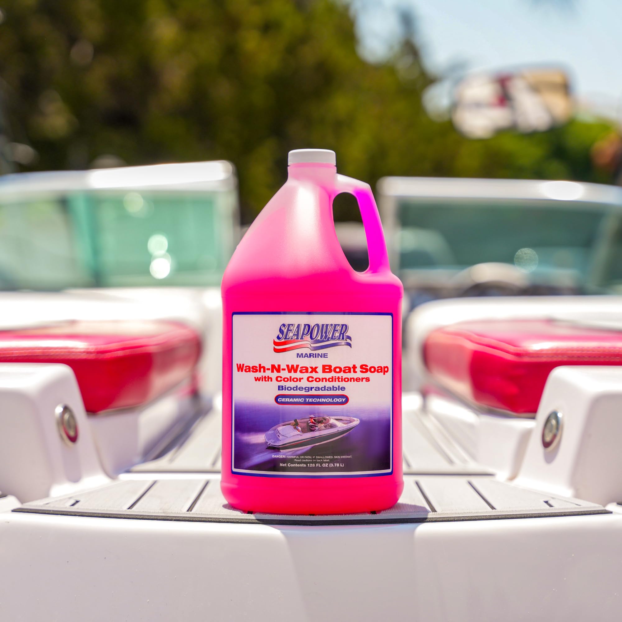 Wash-N-Wax Seapower Boat Soap: Highly Concentrated Carnauba Wax - Ceramic Formulation - Delivers a deep clean and glossy protected finish. - pH Neutral Formula. - Cherry Scent. 128 oz (1 Gallon)