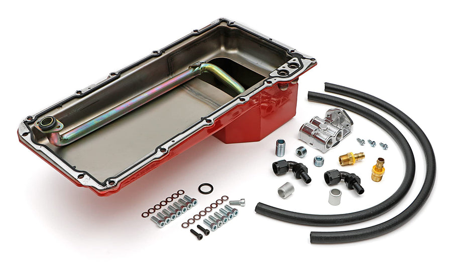 LS SWAP OIL PAN/FILTER RELOCATION KIT - TRANS-DAPT PERFORMANCE; SINGLE FILTER; HORIZONTAL PORT, RED PAN (0176)