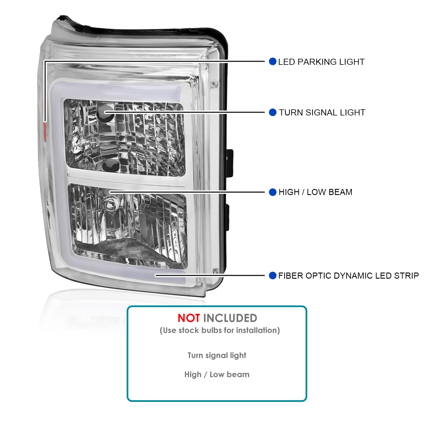 Chrome Headlights SPEC-D TUNING with Dynamic LED Strip Compatible with 2011-2016 Ford F-250, F-350, F-450, F-550 Super Duty, Left + Right Head Lights Assembly