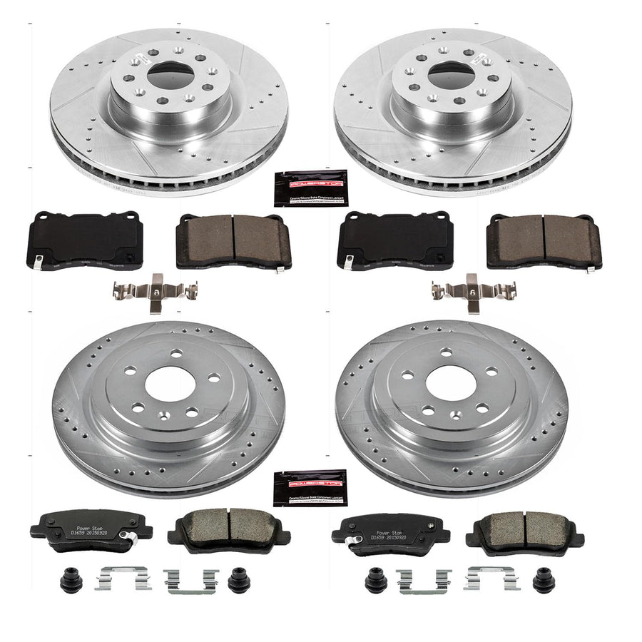 Power Stop K7817 Z23 Carbon Fiber Brake Pads Front and Rear with Drilled & Slotted Brake Rotors Kit For Cadillac CTS 2014-2018 [Model Specific]