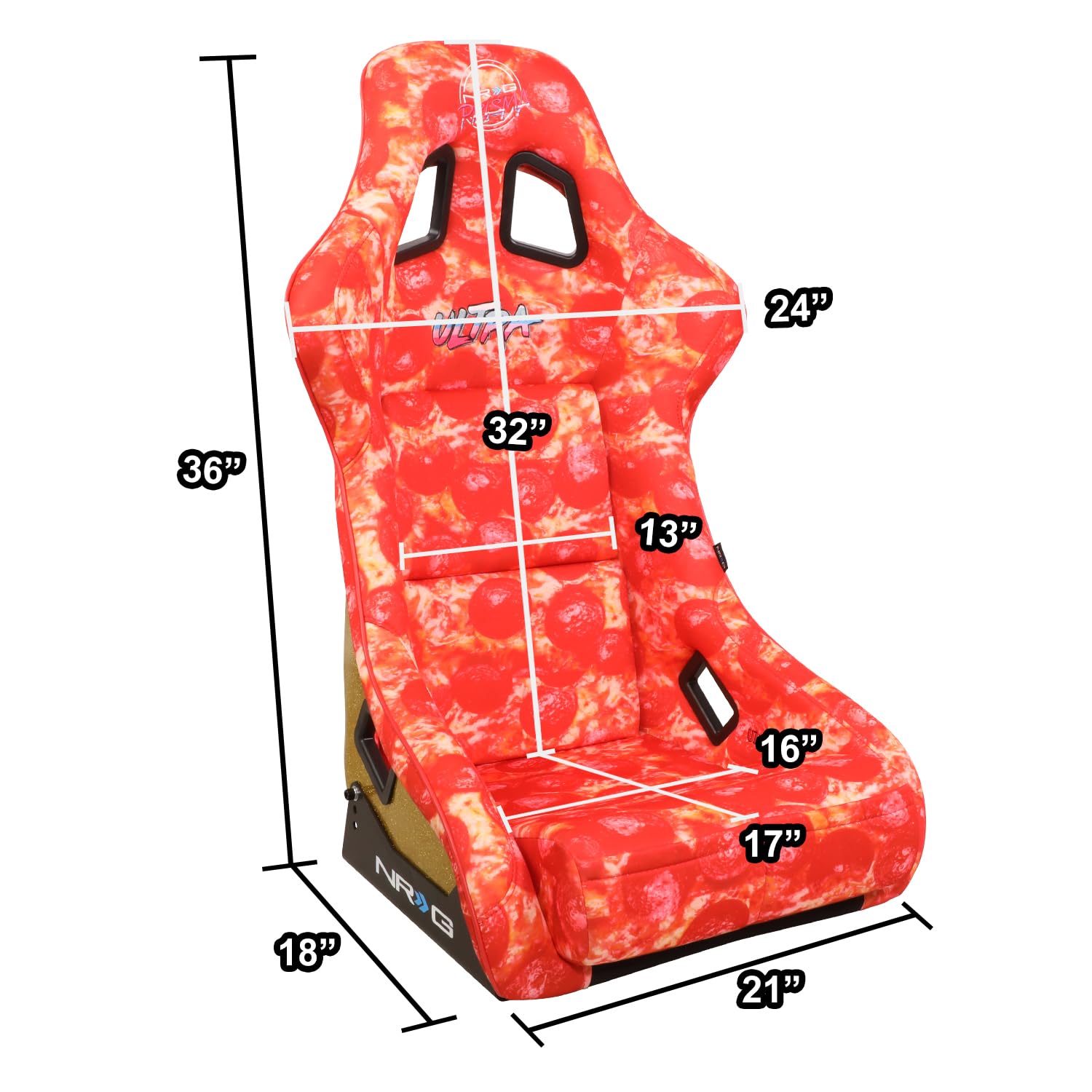 NRG Innovations FRP Bucket Seat NRG-FRP-302-PIZZA PRISMA-ULTRA Slice Edition with Gold Back Pizza Microfiber Finish Vegan Material Plus Phone Pockets. (Large)