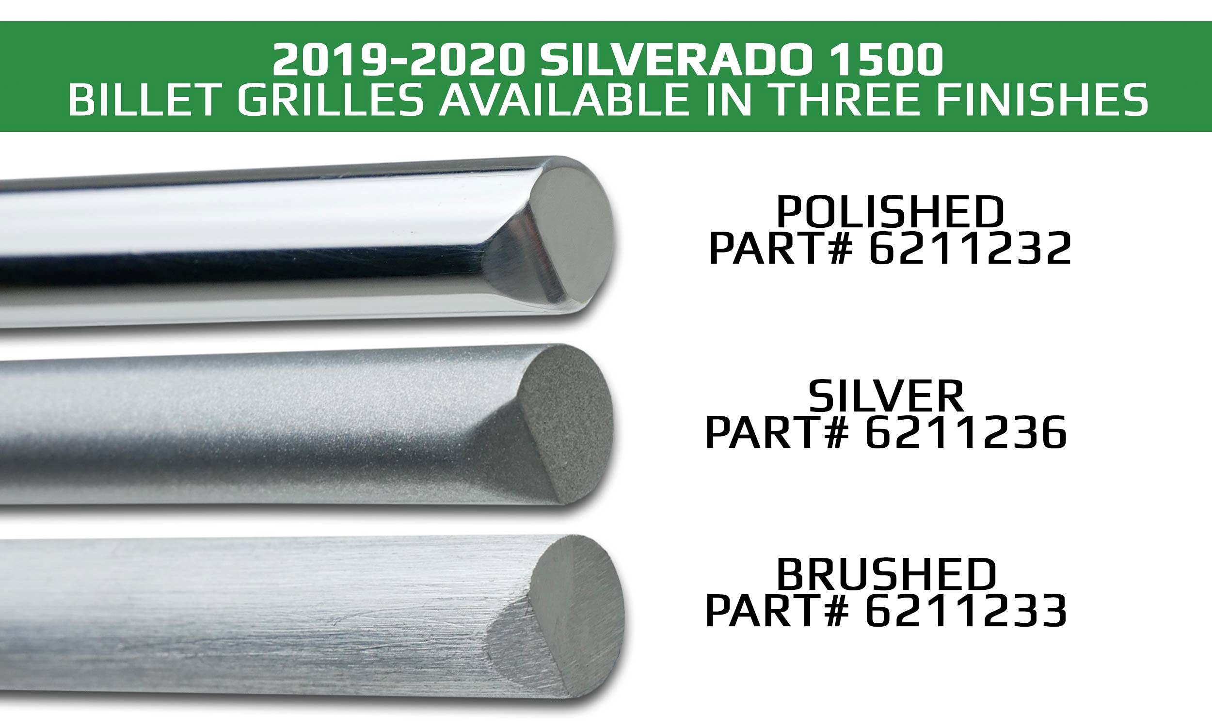 Silverado Compatible with (2019-2022) 1500 Trail Boss, RST, LT Round Billet Grille, Horizontal Round, Silver, 4 Pc, Overlay, Does Not Fit Vehicles with Camera - PN #6211236