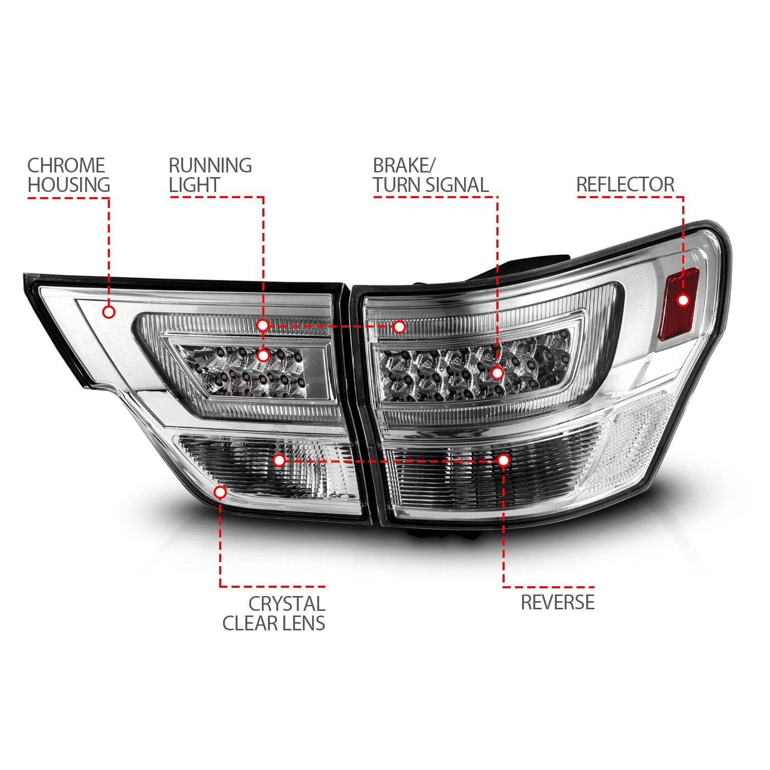 11-13 Jeep Grand Cherokee ANZO LED Taillights w/Lightbar Chrome Housing/Clear Lens 4pcs