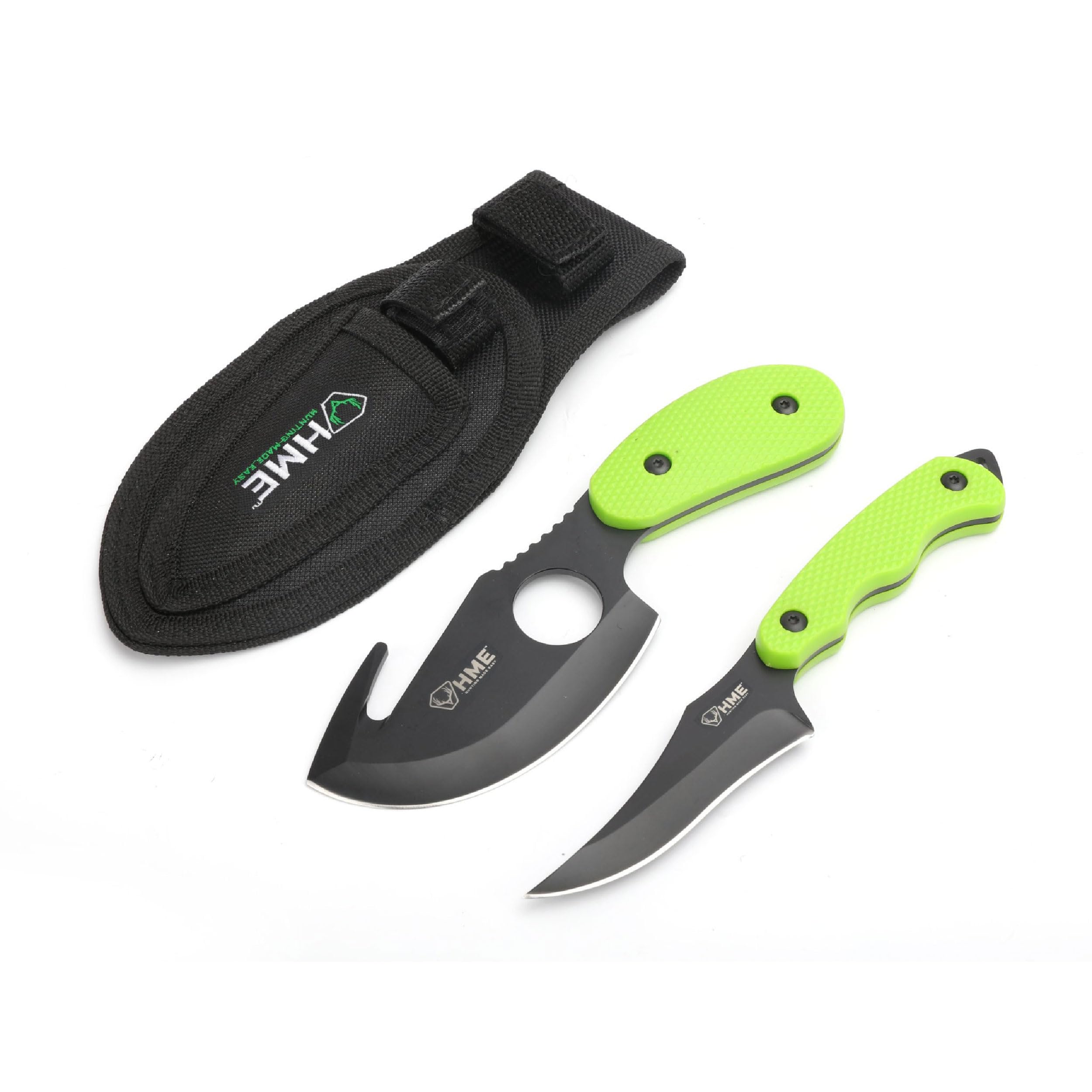 HME Field Skinning 2-Piece Gut/Cape Knife Kit - 3.5" Gut Hook Knife & 3.5" Fixed Blade Knife (420HC Steel) w/Heavy-Duty Sheath