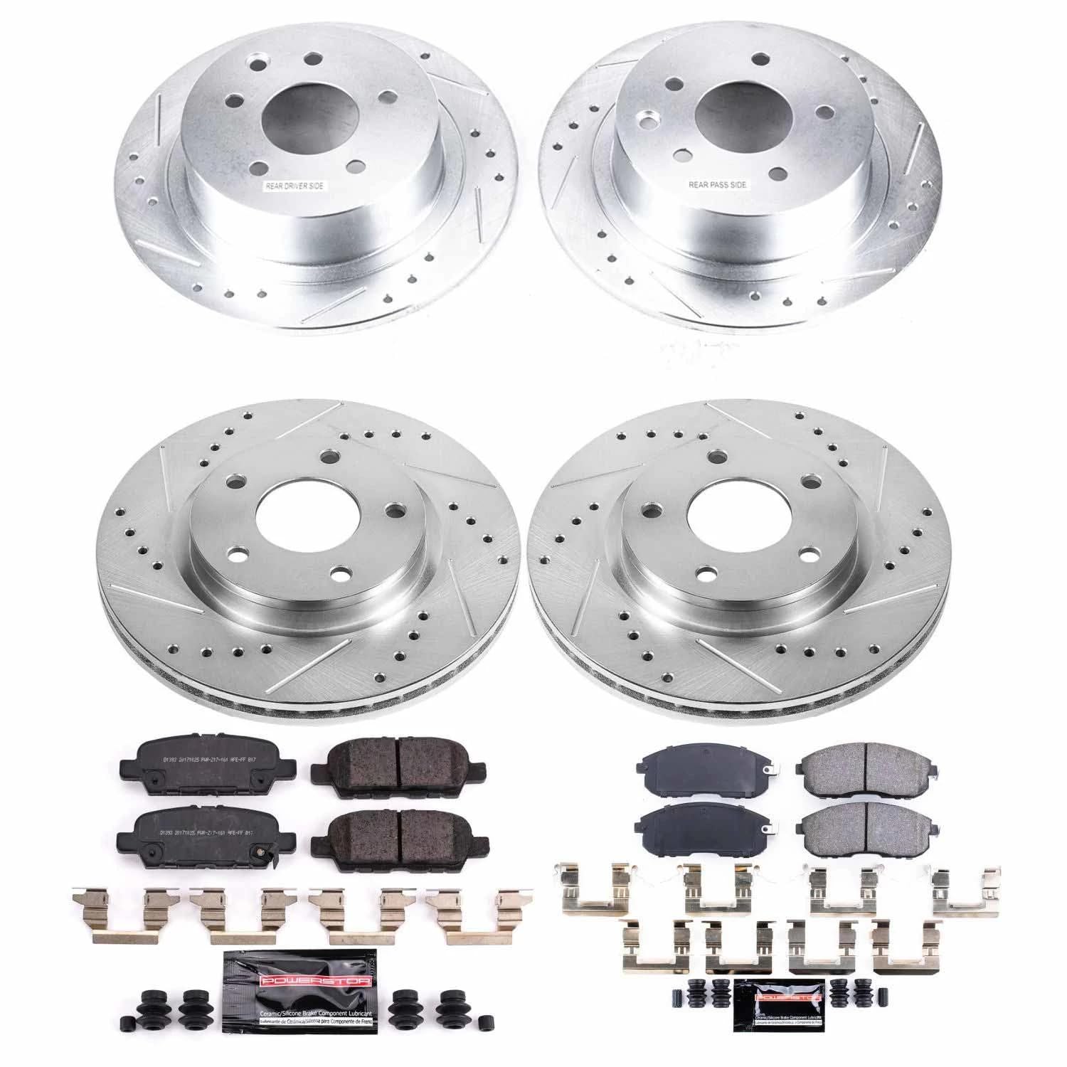 Power Stop K8359 Z23 Carbon Fiber Brake Pads Front and Rear with Drilled & Slotted Brake Rotors Kit For Nissan Sentra 2019 [Model Specific]