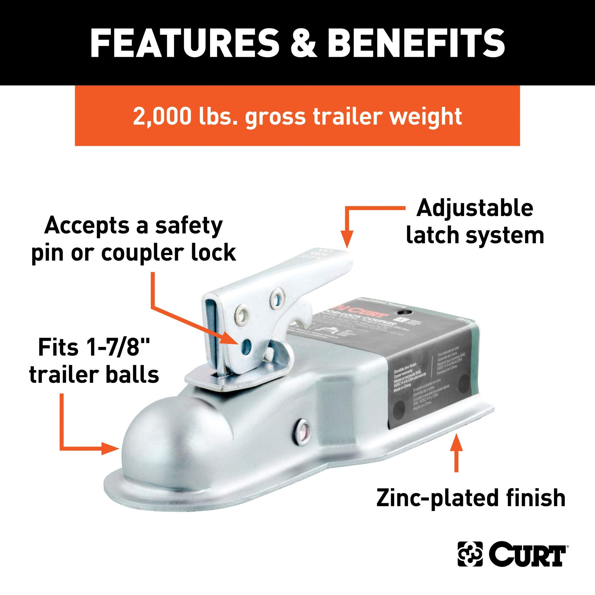 CURT Straight Tongue Trailer Coupler for 1-7/8-In Hitch Ball, 3-Inch Channel, 2,000 lbs, CLEAR ZINC