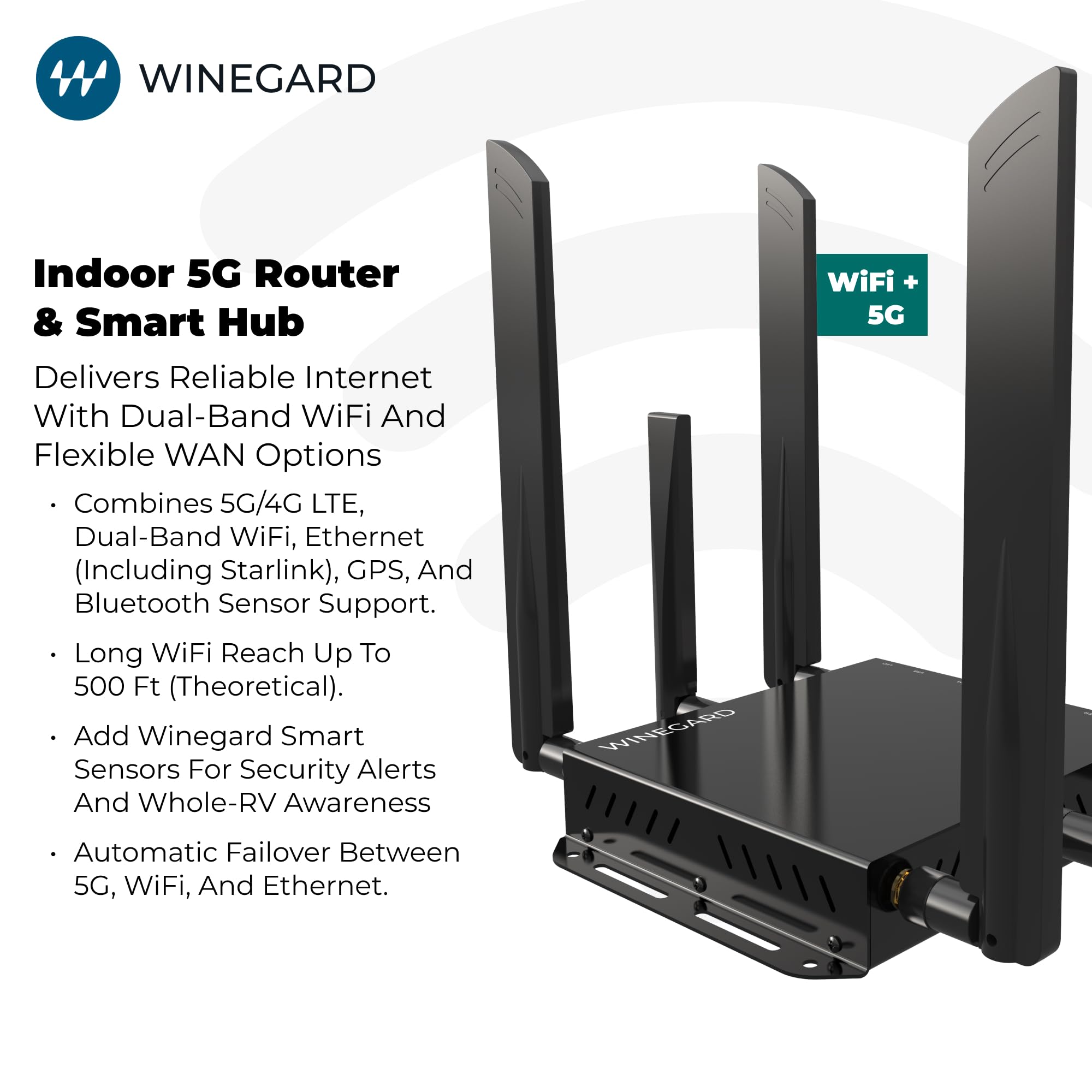 5G Winegard Basestation BS-5G01 – Indoor Router & Smart Hub, Dual-SIM, Dual-Band Wi-Fi, Failover, Starlink Compatible, RV Halo