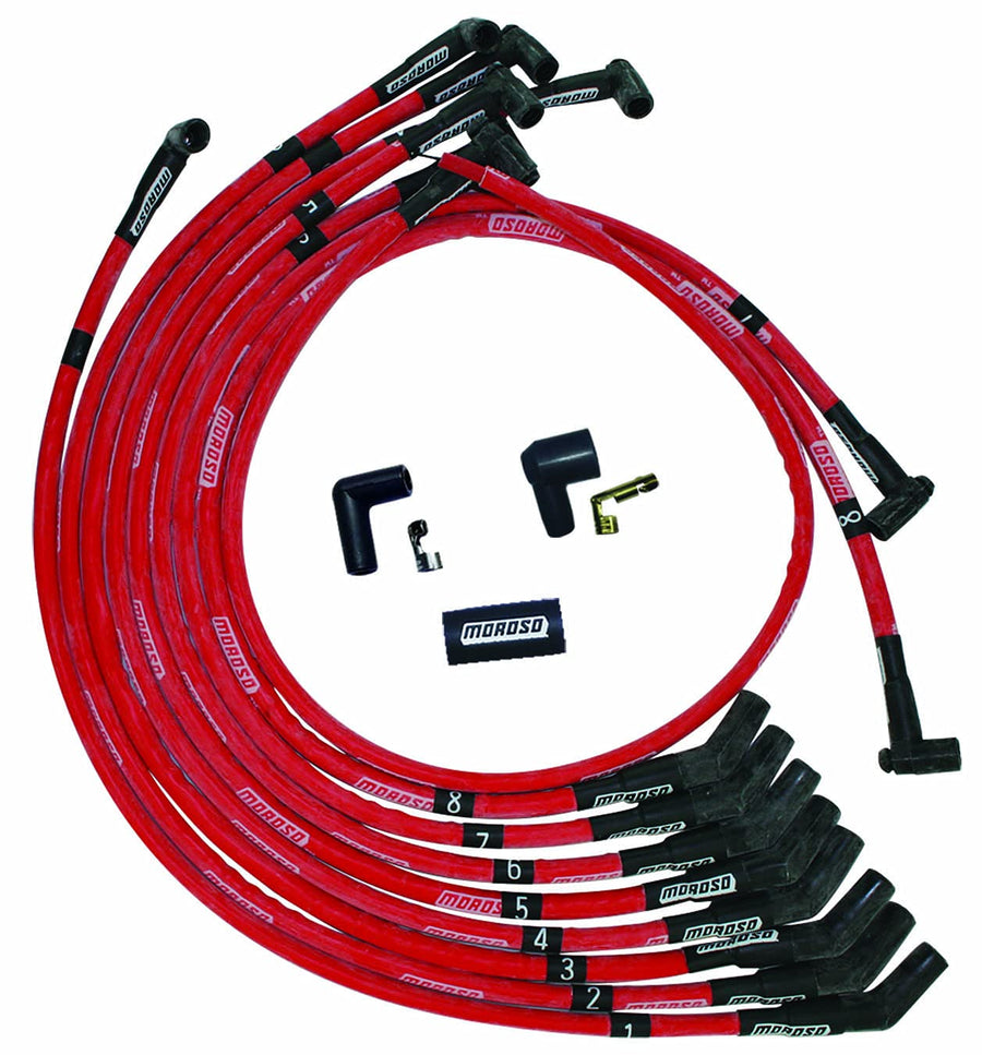 Moroso Ultra Series Red Sleeved Spark Plug Wires, 351W Ford, 135 Degree Plug Ends, HEI Distributor