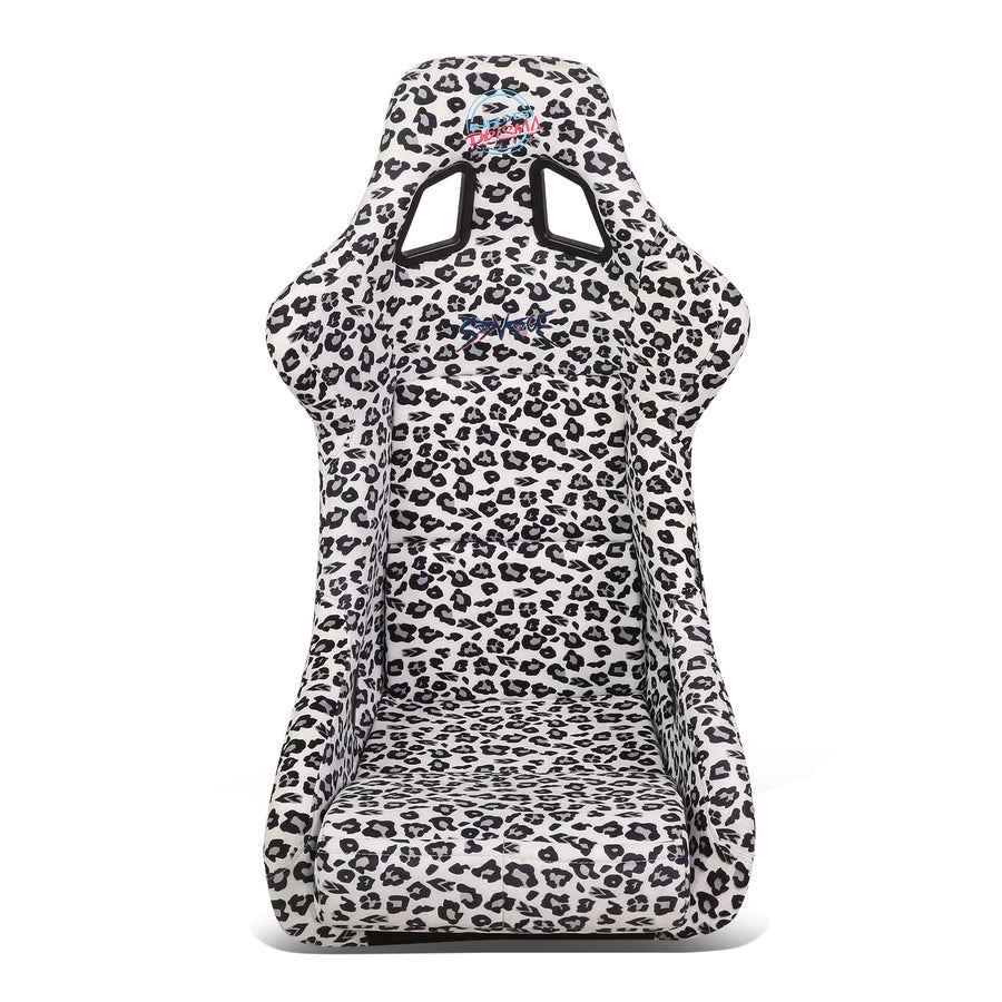 NRG Innovations Prisma Fixed Back Bucket Racing Seat NRG-FRP-302-WT-SAVAGE with Bottom Mount Bracket, White Savage Leopard Print Fabric/White Pearl Back, 24" W X 36" H X 18" D