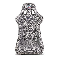 NRG Innovations Prisma Fixed Back Bucket Racing Seat NRG-FRP-302-WT-SAVAGE with Bottom Mount Bracket, White Savage Leopard Print Fabric/White Pearl Back, 24" W X 36" H X 18" D