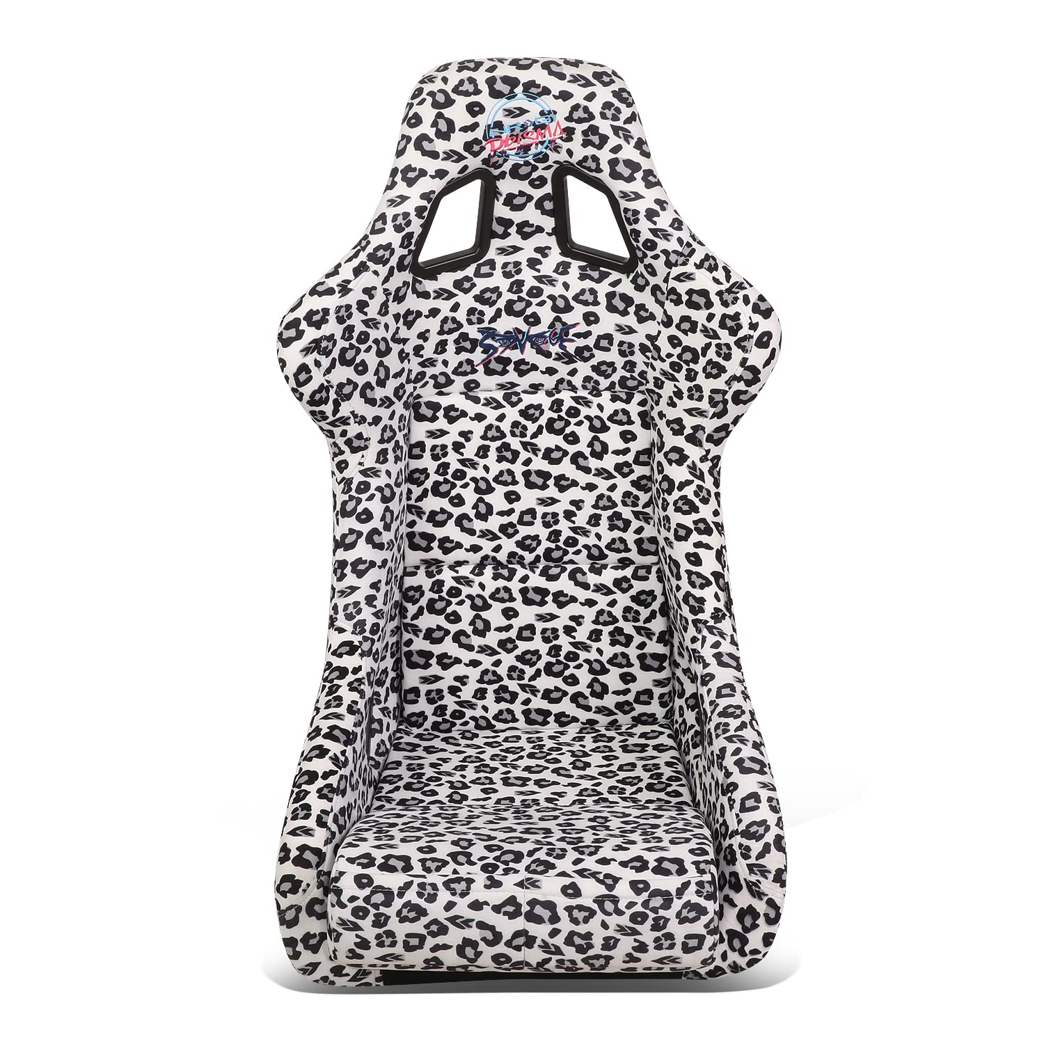 NRG Innovations Prisma Fixed Back Bucket Racing Seat NRG-FRP-302-WT-SAVAGE with Bottom Mount Bracket, White Savage Leopard Print Fabric/White Pearl Back, 24" W X 36" H X 18" D