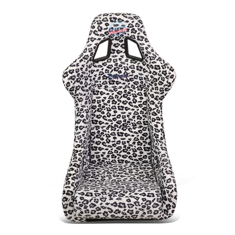 NRG Innovations Prisma Fixed Back Bucket Racing Seat NRG-FRP-302-WT-SAVAGE with Bottom Mount Bracket, White Savage Leopard Print Fabric/White Pearl Back, 24" W X 36" H X 18" D
