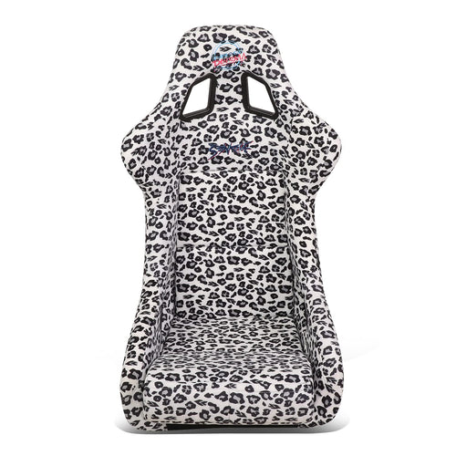 NRG Innovations Prisma Fixed Back Bucket Racing Seat NRG-FRP-302-WT-SAVAGE with Bottom Mount Bracket, White Savage Leopard Print Fabric/White Pearl Back, 24" W X 36" H X 18" D