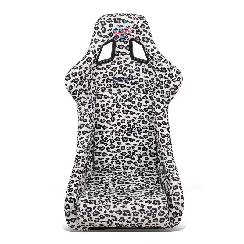 NRG Innovations Prisma Fixed Back Bucket Racing Seat NRG-FRP-302-WT-SAVAGE with Bottom Mount Bracket, White Savage Leopard Print Fabric/White Pearl Back, 24" W X 36" H X 18" D