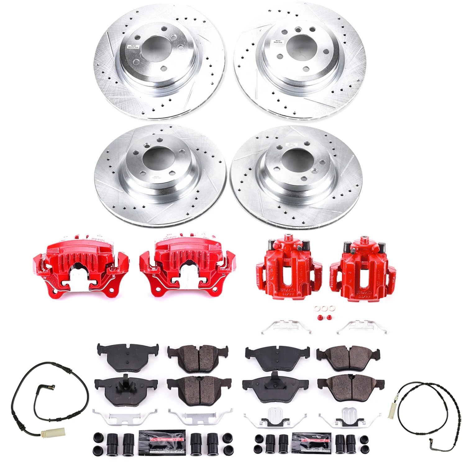 Power Stop Z23 KC2886 Evolution Sport Front and Rear Caliper Brake Kit-Drilled/Slotted Rotors, Carbon Ceramic Brake Pads, Calipers and 1 Front & 1 Rear Sensor Wires