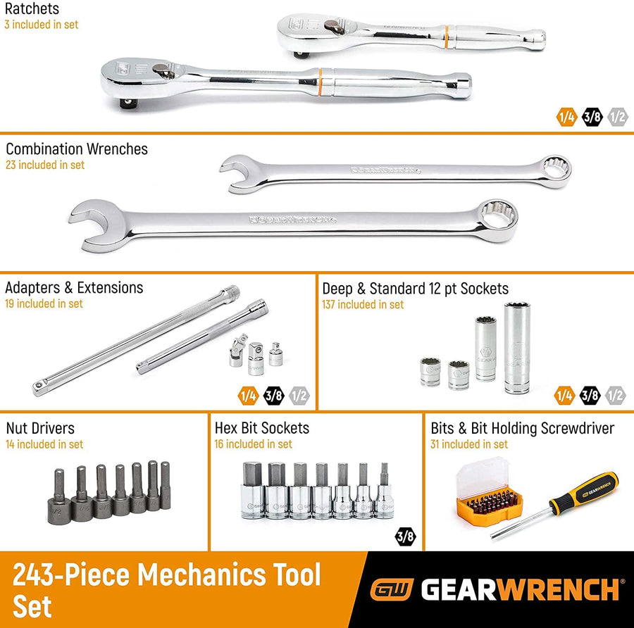 12 Pt. GEARWRENCH Mechanics Tool Set in 3 Drawer Storage Box - 80972 243 Pc.