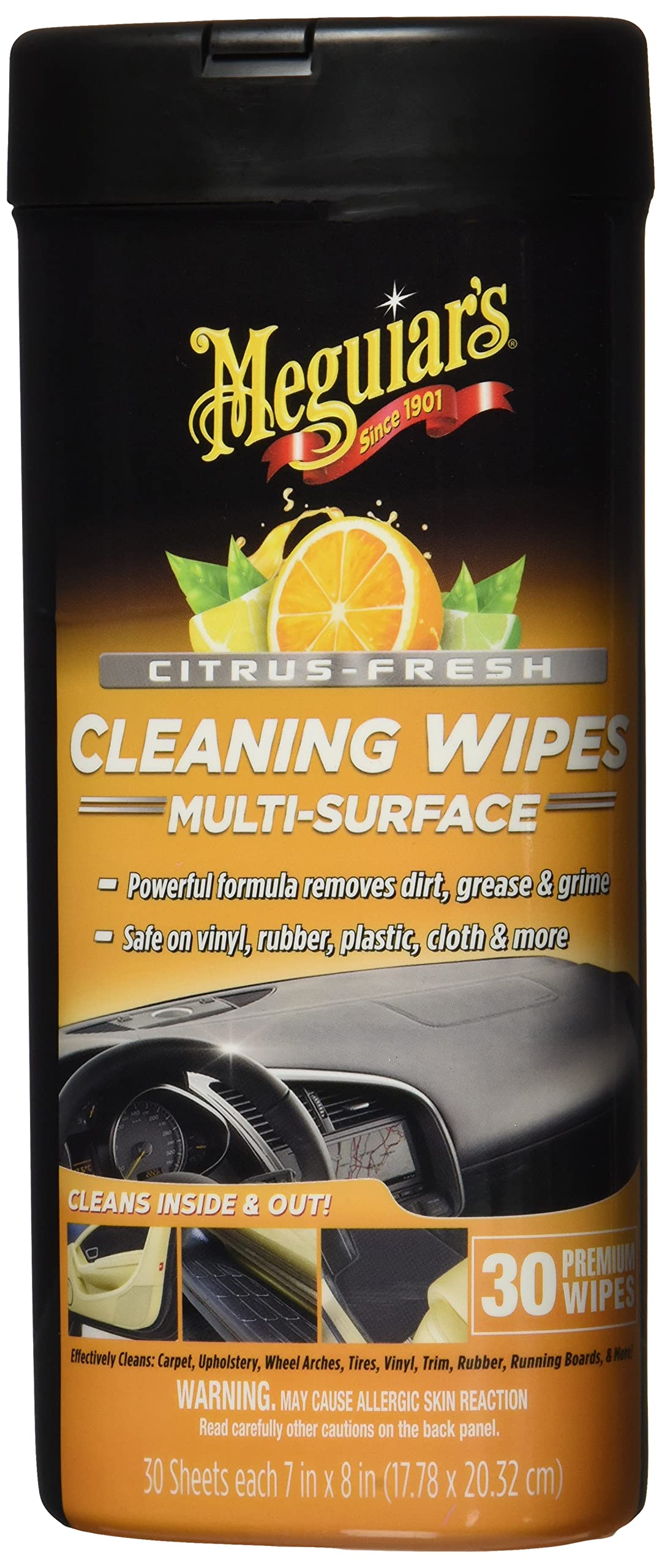 Citrus-Fresh Meguiar's Cleaning Wipes - Multi-Surface Wipes Removes Dirt, Grease, and Grime on a Variety of Surfaces Inside and Out - Citrus Scented Wipes that Make for Convenient Cleaning, 30 Wipes