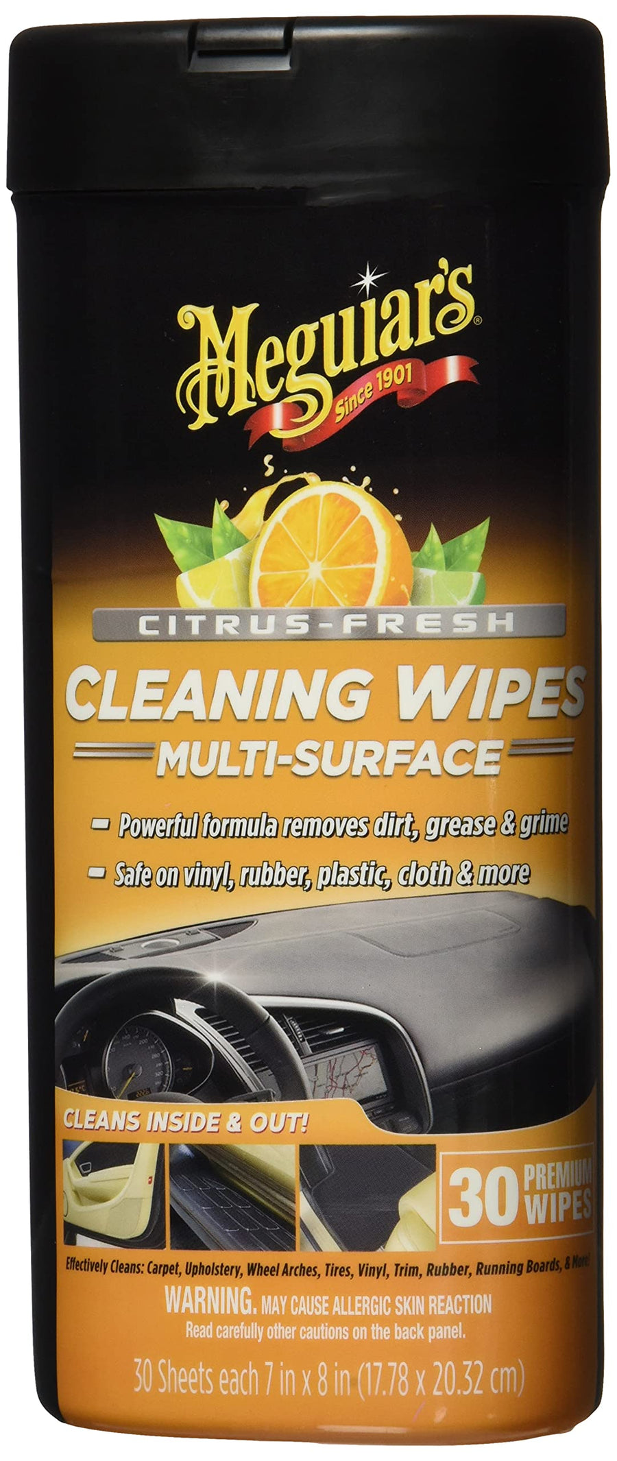 Citrus-Fresh Meguiar's Cleaning Wipes - Multi-Surface Wipes Removes Dirt, Grease, and Grime on a Variety of Surfaces Inside and Out - Citrus Scented Wipes that Make for Convenient Cleaning, 30 Wipes