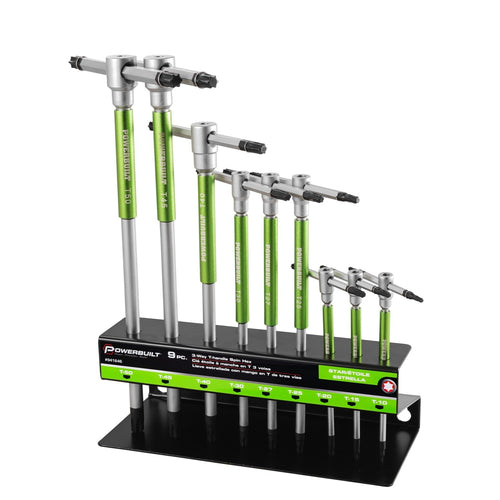 Powerbuilt 9 Pc Hex Allen Key Torx Star T-Handle Wrench Set w/ Speed Sleeves for Fast Spinning Action, Sliding Top Handle for “T” or “L” Shape, Long Shafts, Storage Rack, Auto, Bicycle, Moto - 941646