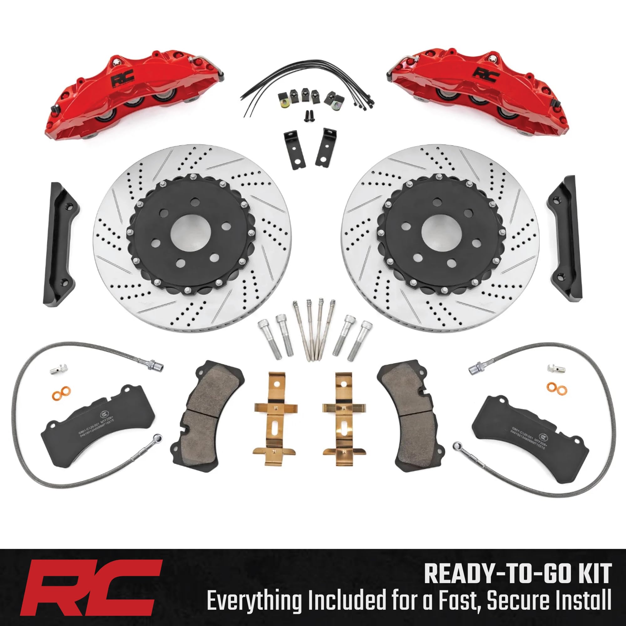 Rough Country Performance Front Brake Kit for Jeep Wrangler JL & Unlimited (2018-2025) - 6-Piston Calipers, Drilled & Slotted Rotors, Stainless Steel Lines, Heavy-Duty Upgrade