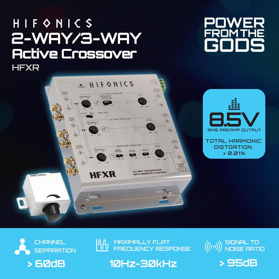 Hifonics 2/4 Ch HFXR 2/3 Way Active Crossover, 8.5V Line Driver with Remote Bass Level Control, Adjustable Filters, and Front/Rear/Sub Outputs