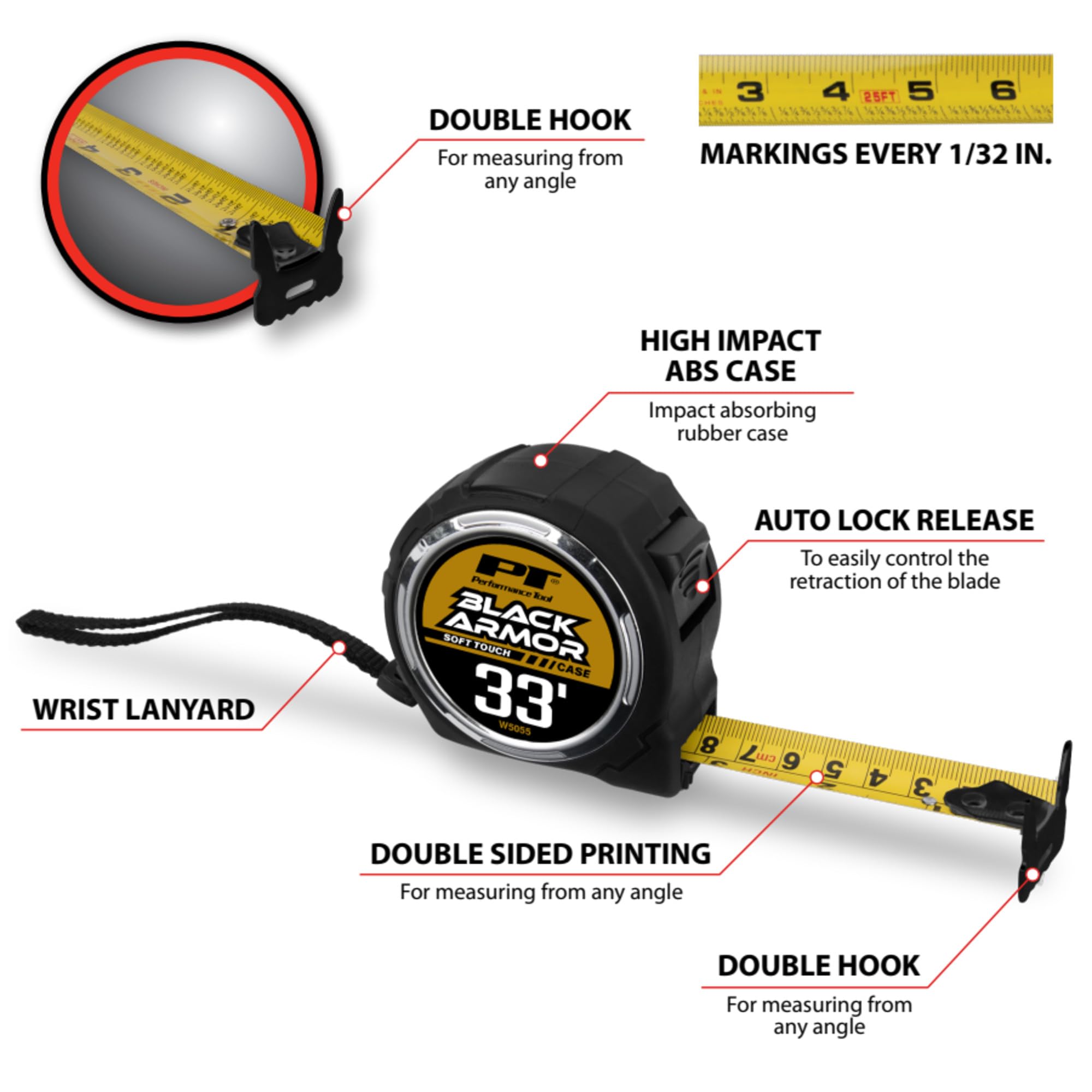 Rubber Coated Performance Tool W5055 Tape Measure - High Accuracy, Extra-Wide Thumb Release, and Dual-Sided End Hook for Easy Measurements