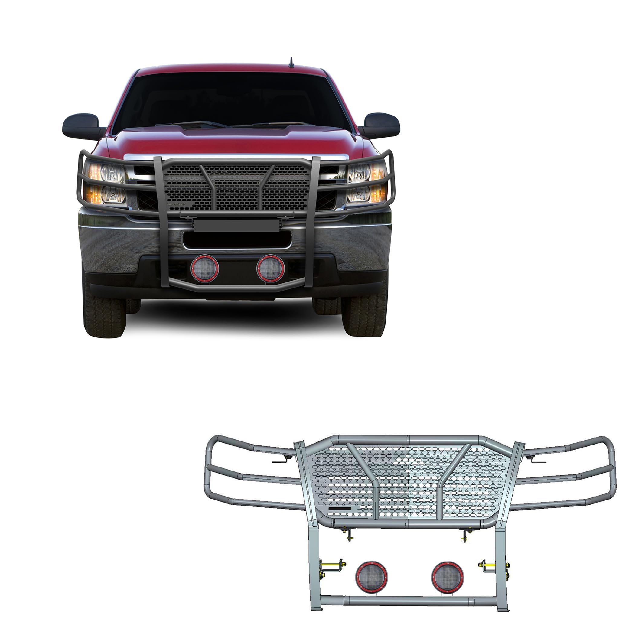 Heavy Duty Black Horse Rugged Grille Brush Bumper Guard Modular Black Come with Pair of 5.3" Dia.LED Lights with Red Trim Rings Compatible with 2007-2013 Chevrolet Silverado 1500-RU-CHSI07-B-PLFR