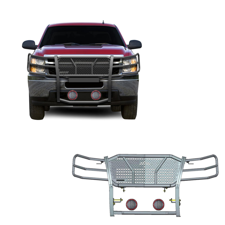 Heavy Duty Black Horse Rugged Grille Brush Bumper Guard Modular Black Come with Pair of 5.3" Dia.LED Lights with Red Trim Rings Compatible with 2007-2013 Chevrolet Silverado 1500-RU-CHSI07-B-PLFR