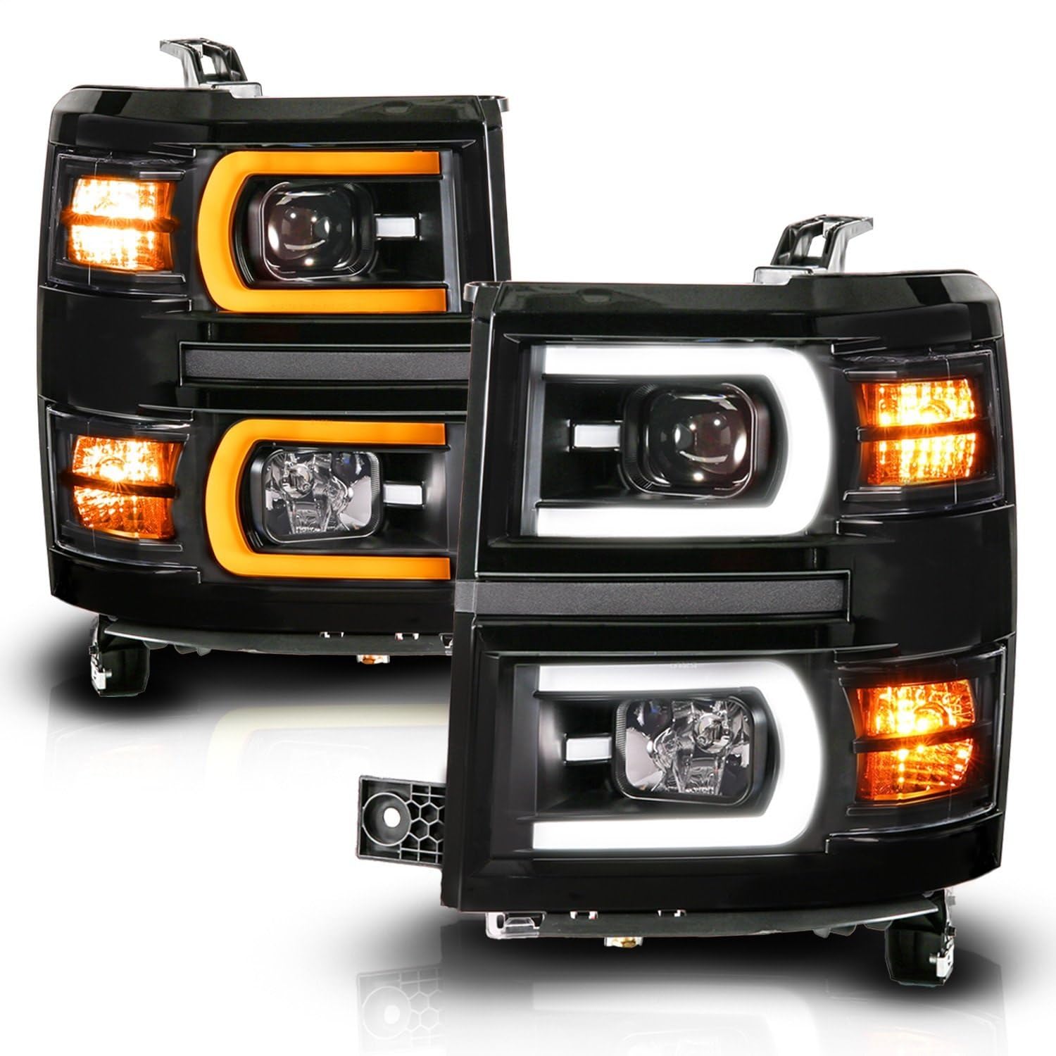 Chevy Silverado 1500 Anzo 14-15 Black Dual Switchback+Sequential LED Tube Sq. Projector Headlights