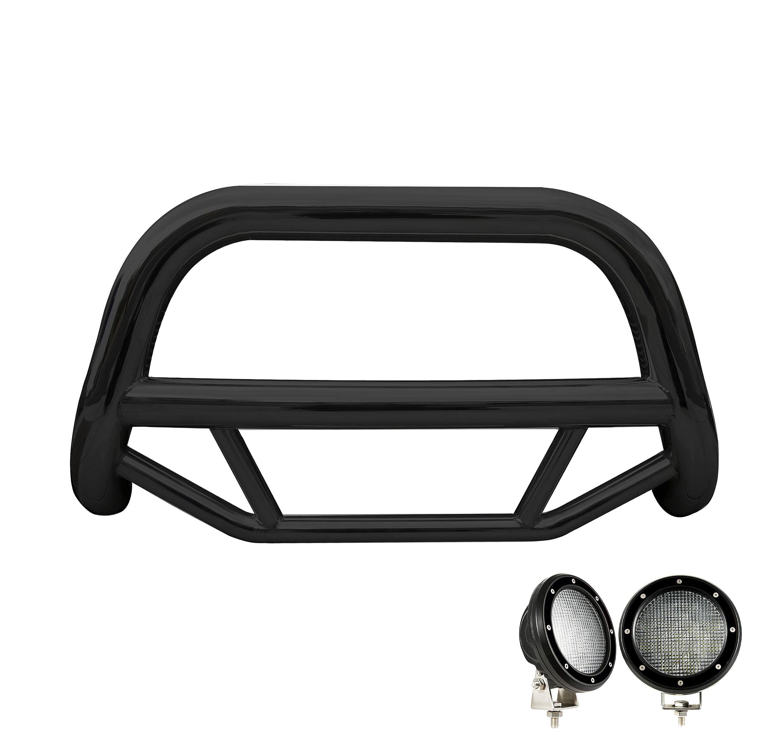 Max Bull Bar Black Horse Incl. Pair of 5.3" Dia.LED Lights w/Black Trim Rings No Skid Plate Black Compatible with 2005-2021 Nissan Frontier|2005-2007 Nissan Pathfinder|2005-2015 Nissan Xterra