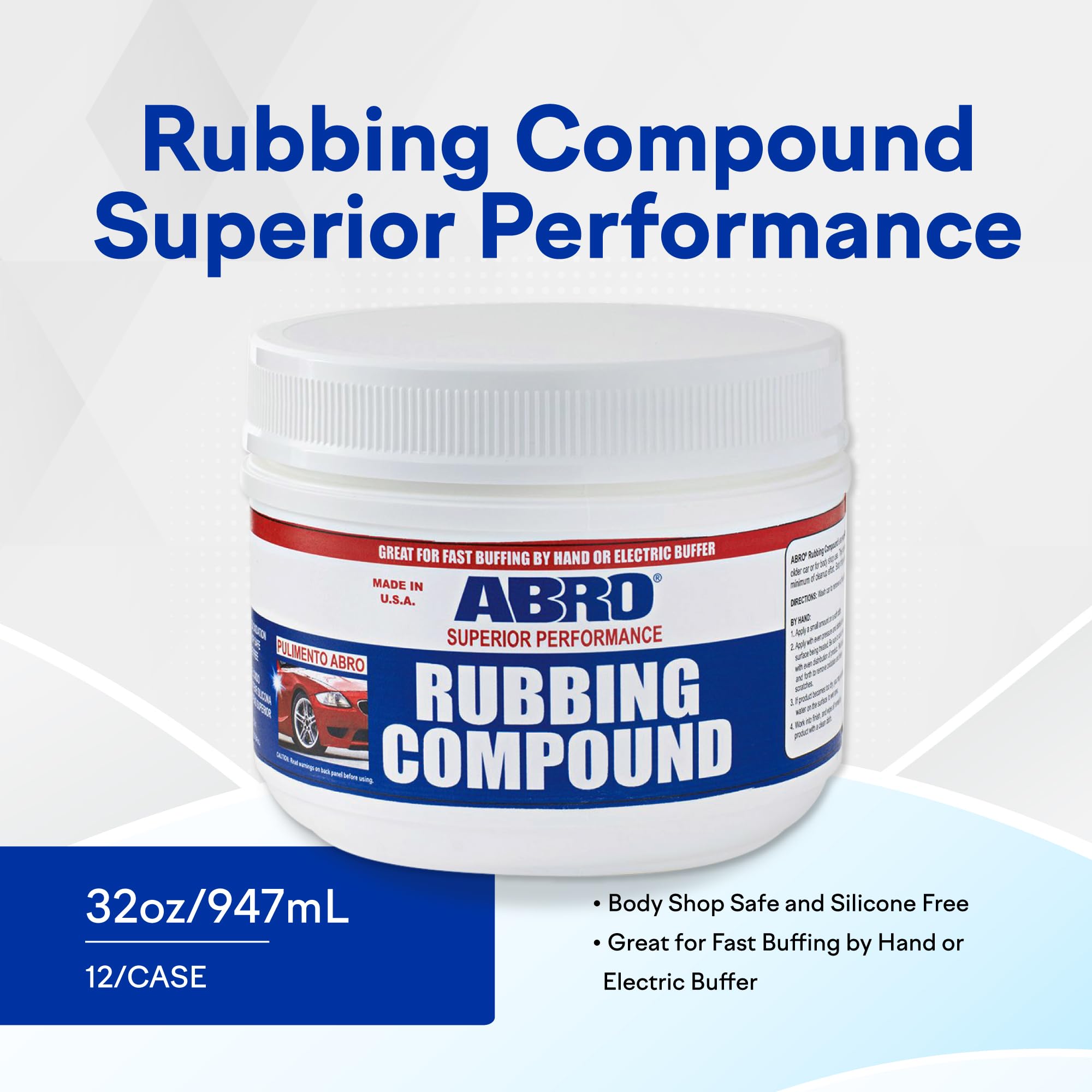 ABRO Automotive Superior Performance Rubbing Compound for Oxidized Finishes, Buff, Shine, Smooth, & Clean, Scratch Remover for Vehicles, Boats, & Bikes - 10 oz.