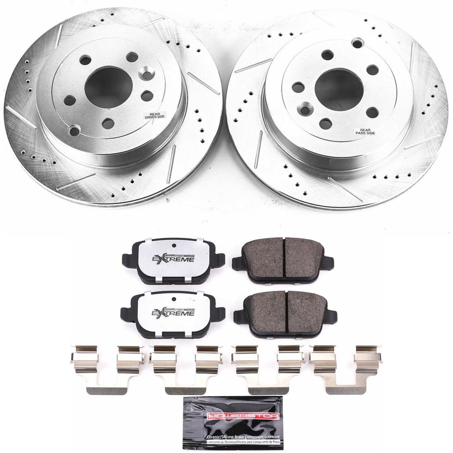 Rear Brake Kit Power Stop For 2008 2009 2010 2011 2012 Land Rover LR2 - Truck & Tow Carbon Fiber Ceramic Brake Pads & Drilled and Slotted Rotors Replacement, K5653-36