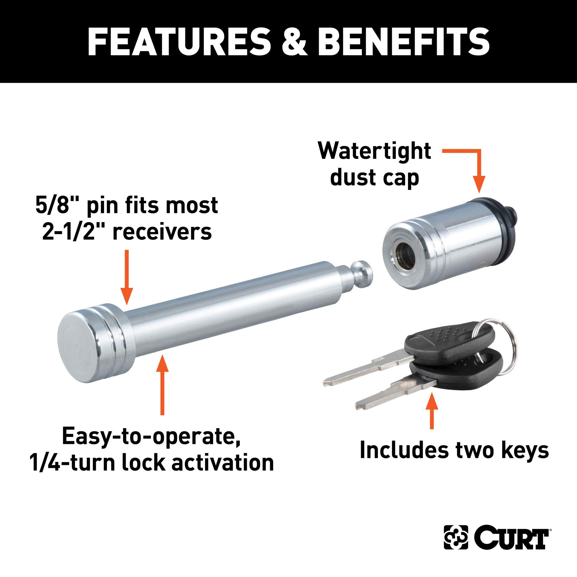 CURT Trailer Hitch Lock 23528, 5/8-Inch Pin Diameter, Fits 2 or 2-1/2-Inch Receiver